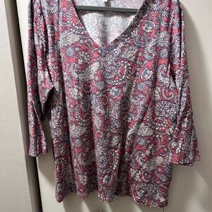 J. Jill Paisley V-Neck Long Sleeve Top - Red and Cream